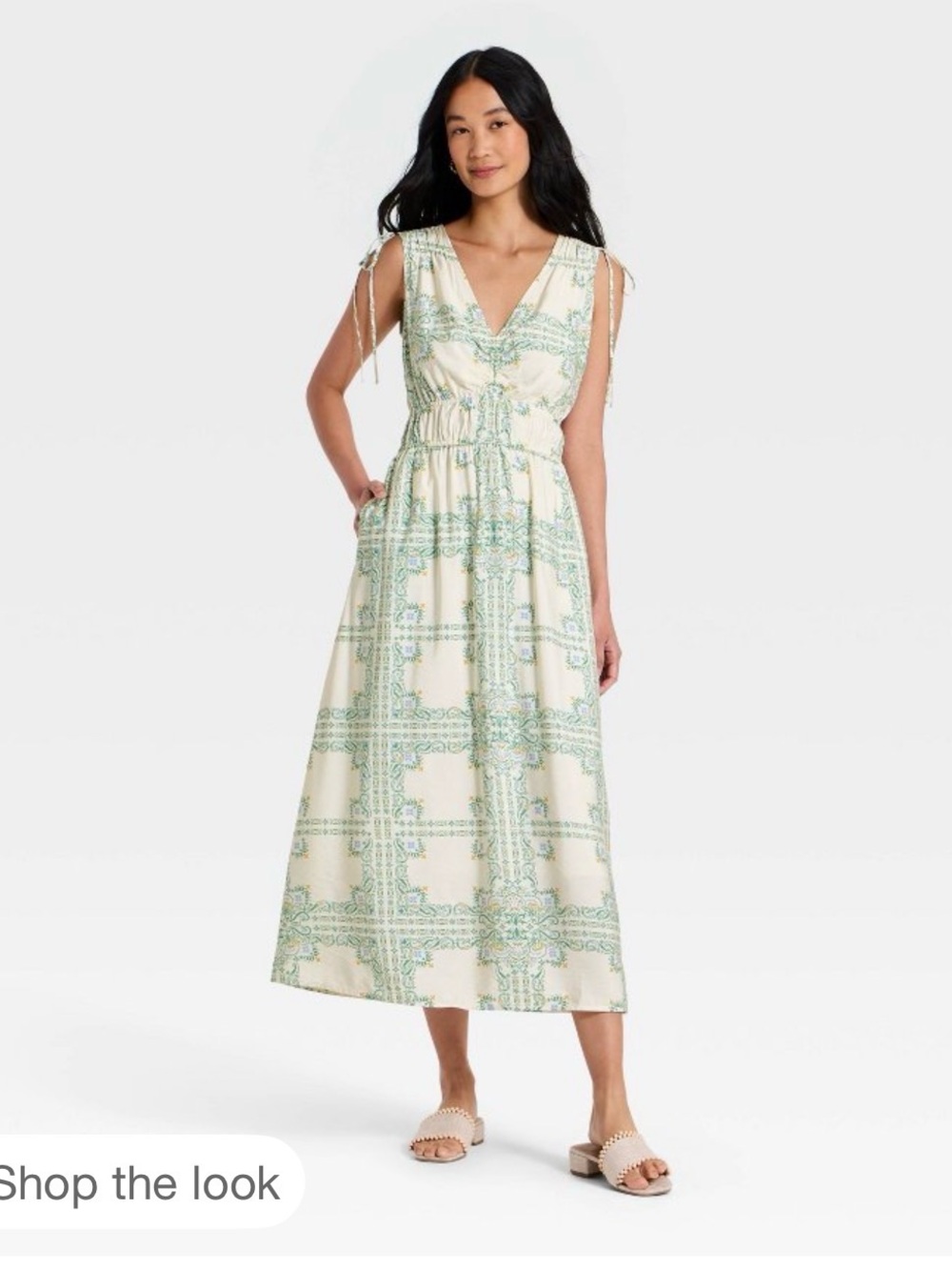 V-Neck Cream Maxi Dress with Mint Print and Tie Shoulders